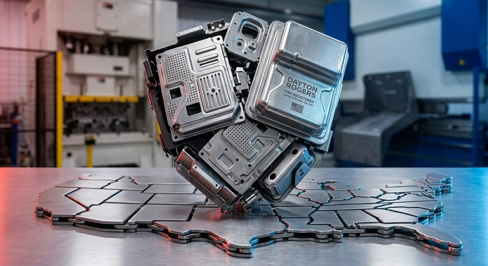 An interlocking cluster of precision-stamped metal defense components resting on a steel map of the United States, symbolizing Dayton Rogers' secure, ITAR-compliant domestic supply chain and manufacturing capabilities.